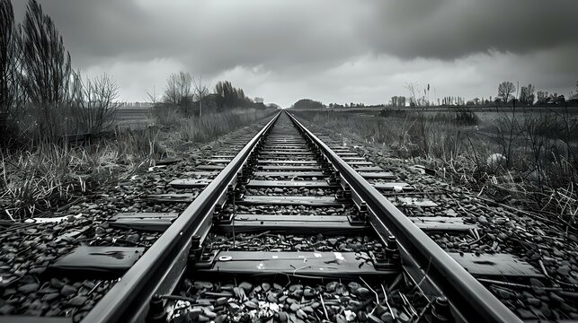 Railroad Tracks Path Forward - Monochrome Perspective - Linear Depth - Powered by Adobe