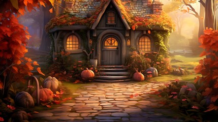 A cozy cottage door framed by colorful autumn foliage, welcoming guests with the warm hues of the...