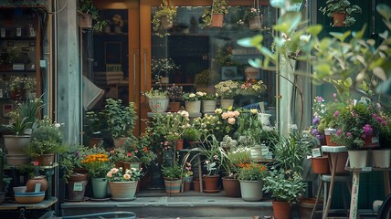 Fototapeta na wymiar A quaint flower shop window display showcasing an array of potted plants and floral arrangements, evoking the essence of spring. 
