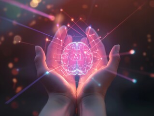 Human hands cupping a luminous AI brain symbol, representing the concept of controlling or embracing technological advancements in artificial intelligence.