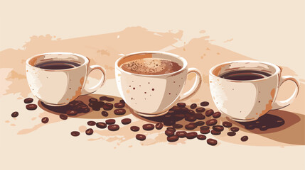 Cups with coffee beans and powder on light background
