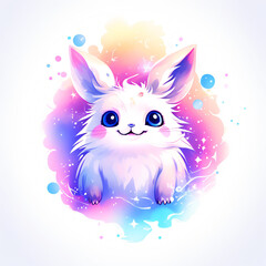 Cute white bunny with blue eyes on rainbow background. illustration.