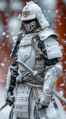 3d samurai in white armour with snow on it, battle scene - obrazy, fototapety, plakaty