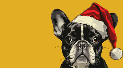 Cute French bulldog in Santa hat on yellow background