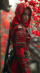 Beautiful female red samurai in full armor - obrazy, fototapety, plakaty