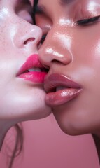 two beautiful woman kissing, close up of lips, pink lipstick, detailed skin texture, beauty photography, beauty magazine cover style photo, high resolution - obrazy, fototapety, plakaty
