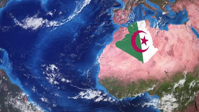 Algeria: 3D Animation of Earth zooming into Algeria with its border highlighted with its National Flag in 4K