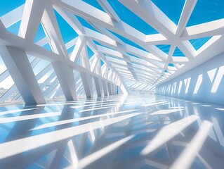 Perspective view inside a modern white structure with geometric shapes and a blue sky background.