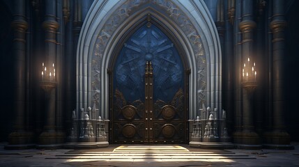 A grand cathedral door with towering height and intricate stained glass panels, inspiring awe and...