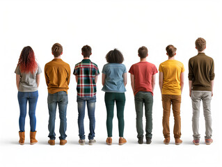 Obraz premium Diverse group of young people standing in line, viewed from behind against a white background 