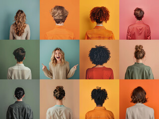 Various people with diverse hairstyles pictured from the rear and one woman laughing, colored background
 - Powered by Adobe