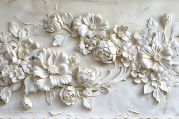 Texture of plaster with decorative flowers. Detailed stucco relief with floral designs in classical style