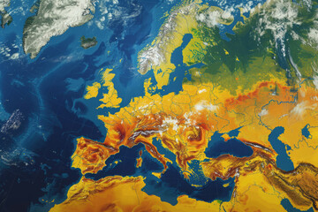 Satellite map illustrates the summer heat on the European continent World map with weather forecast illustration showing different climatic conditions