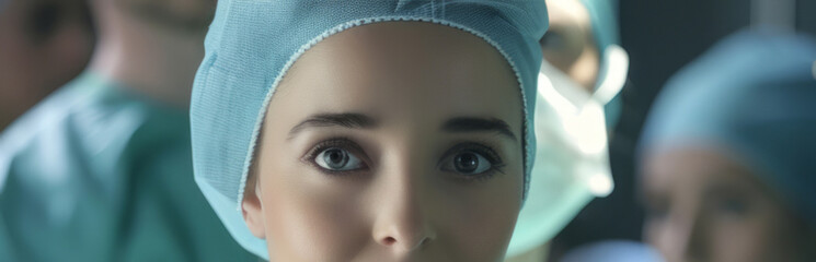 Focused Female Surgeon with Surgical Cap in Operating Room