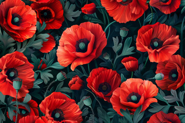 Pattern with poppy flowers. Vibrant blooming red flowers and green leaves. Natural background