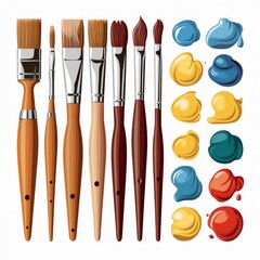 Assorted Paint Brushes and Vibrant Blue and Yellow Paint Dabs on White Background
