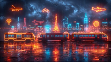 Create a neon collection of travel symbols, including glowing airplanes