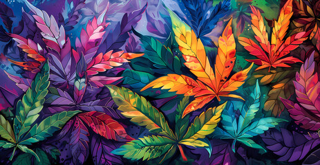 abstract surreal colorful psychedelic background with a marijuana or marihuana leaf, weed, psychoactive drug, wallpaper art or artwork