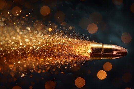 An aesthetically captured bullet in motion with a glittering golden trail against a dark, bokeh background