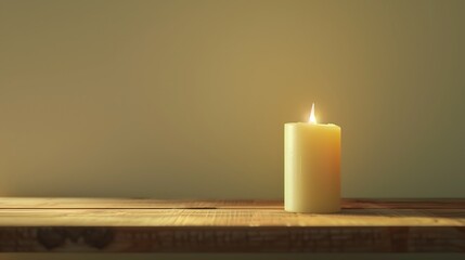 A lit candle is placed on a piece of wood. with an empty background.