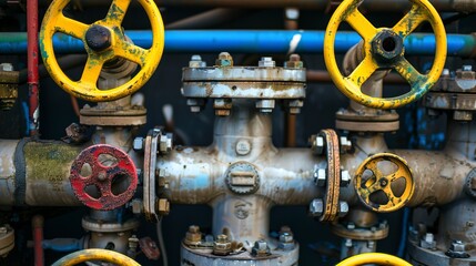 Chemical plant pipes and valves, close-up, vivid colors of dials, precise focus, harsh lighting. 