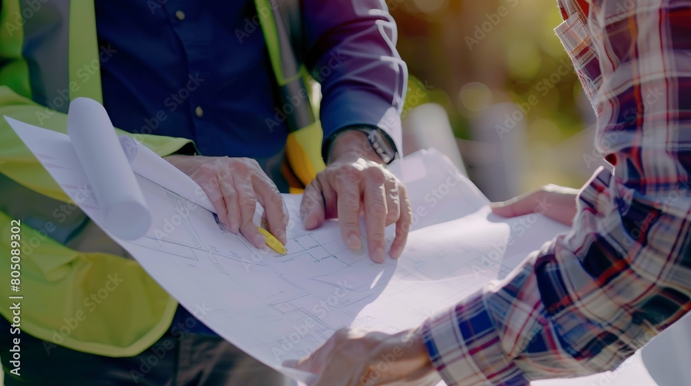 Poster Close-up of two workers discussing over blueprints, clear focus on faces and documents, natural light.