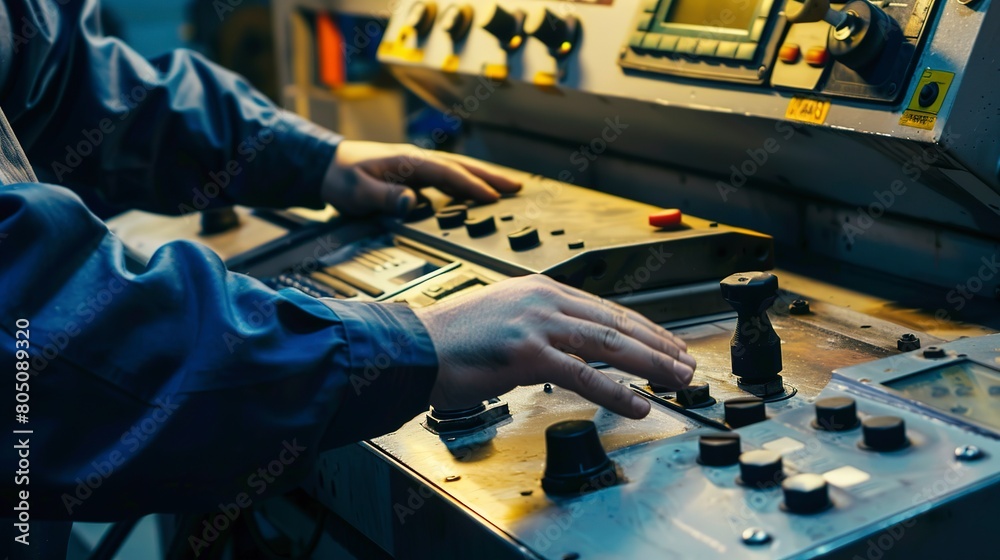 Canvas Prints Worker operating a CNC machine, close-up on hands and control panel, sharp detail, ambient factory light. 