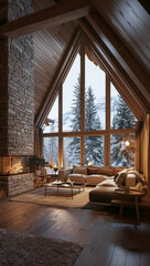 Obraz premium A large living room in an A-frame house with big windows, a cozy sofa and armchair near the fireplace, a wooden floor, warm lighting, a high ceiling, stone wall interior design in the style of modern