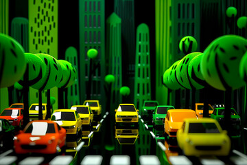 Vibrant and whimsical, this image features a row of colorful cars amidst stylized green trees in an urban cityscape environment, representing busy city life - obrazy, fototapety, plakaty