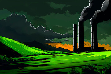 This artwork juxtaposes a lush landscape with the stark industrialism of smoking chimneys, highlighting environmental concerns and the impact of industry on nature - obrazy, fototapety, plakaty