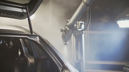 Automated painting robot spraying car body, close view, mist of paint visible, bright lighting. 