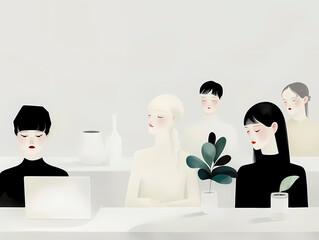 An image depicting a muted-tone office environment with faceless characters focused on their tasks symbolizing anonymity and corporate culture - obrazy, fototapety, plakaty