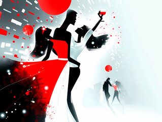 An illustration displaying an elegant party scene with a silhouetted dancing couple, embodying celebration, love, and luxury life - obrazy, fototapety, plakaty