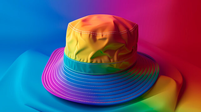 A vibrant digital rendering of a multicolored bucket hat against a gradient background depicts bold fashion and artistic expression