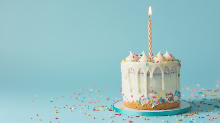 birthday cake with a lit candle and a clean pastel blue background, copy space on the left