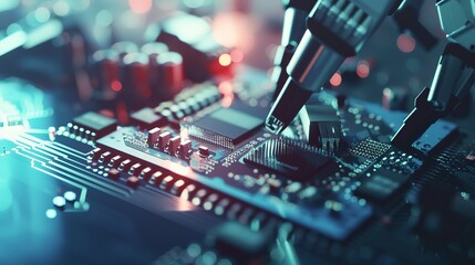 Close-up of a robot placing chips on a circuit board, high precision, sharp focus, cool lighting.