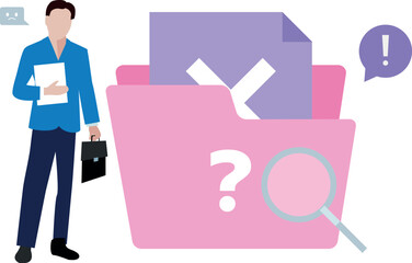 The boy is standing next to the folder.