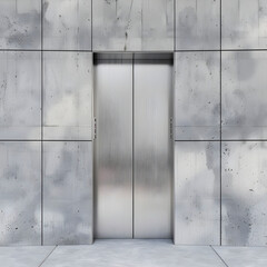 High-resolution image of sleek, closed elevator doors set in a textured concrete wall
