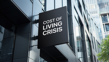 Cost of Living Crisis sign in front of a modern office building 