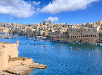 Skyline of Valletta, Malta. Panoramic view from the Grand Harbour.