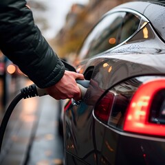 A person plugging in an electric car