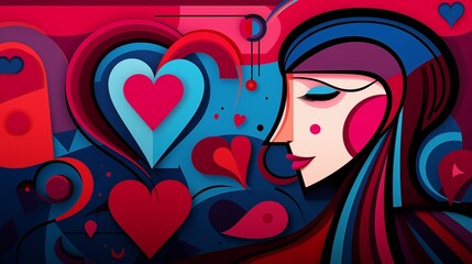 Stylized Abstract Illustration of a Woman with Heart Motifs.
