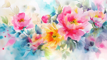 Watercolor painting,Flower Colors of July A bright mix of , pinks, yellows, light blues, pastels With light green leaves.