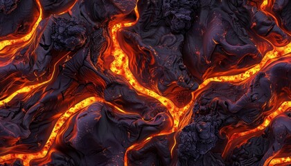 A seamless pattern of molten lava and volcanic rocks, depicting intense heat and flowing magma, perfect for a dramatic and fiery background design