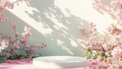 A spring-themed podium surrounded by pink flowers, creating a fresh and floral setting for beauty products, with a focus on minimal and natural designs