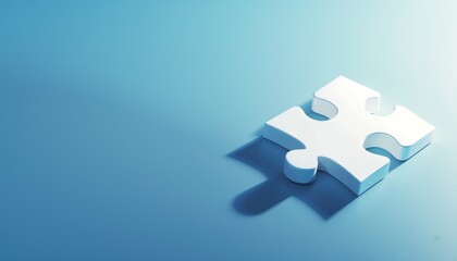 A concept of a white jigsaw puzzle piece on a blue background, symbolizing the final piece in a business strategy or problem-solving scenario