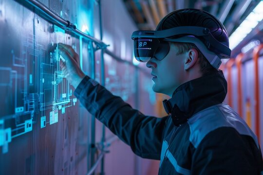 A technician wearing a head-mounted display scans a QR code on a building wall. The display instantly overlays the physical space with a detailed BIM model, revealing the location of hidden pipes