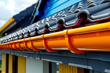 A roof with orange tiles and black tiles.