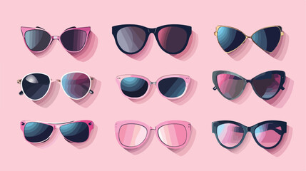 Different stylish sunglasses on pink background Vector