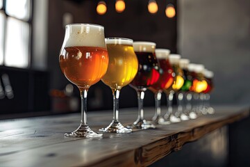 Various types of beer in glasses on a wooden bar at a drinking establishment